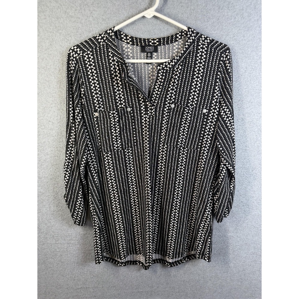 Jones New York Blouse Womens Medium Black Striped Roll Tab Sleeve Tunic Top